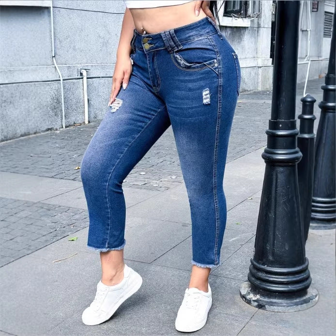 Women's High-Waisted Cropped Skinny Jeans made of Superstretch Denim with Double Button Placket and Raw Fringe Hem Amarae