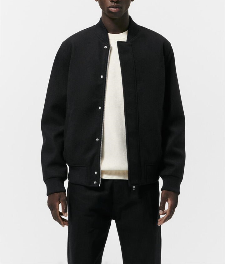Men's bomber jacket made of wool blend in boxy cut with concealed snap button placket and ribbed cuffs Amarae