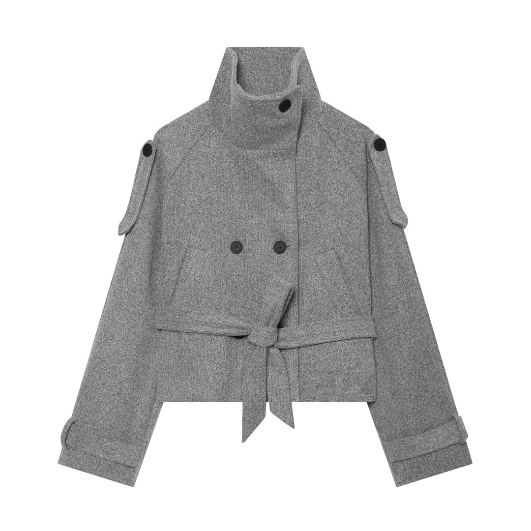Women Short Wool Blend Cape Jacket with Waist Belt and Funnel Collar Amarae