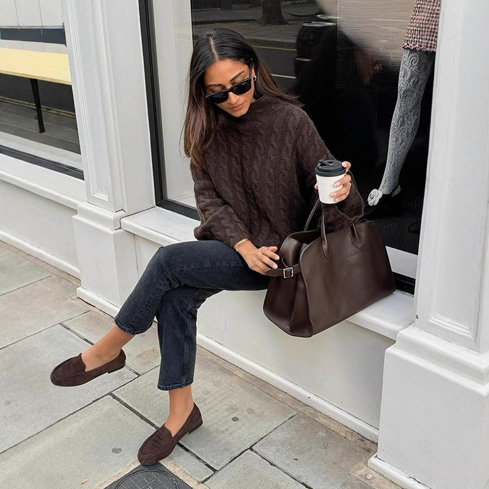 Women's Short-Cut Cable Knit Sweater with Turtleneck & Balloon Sleeves Amarae