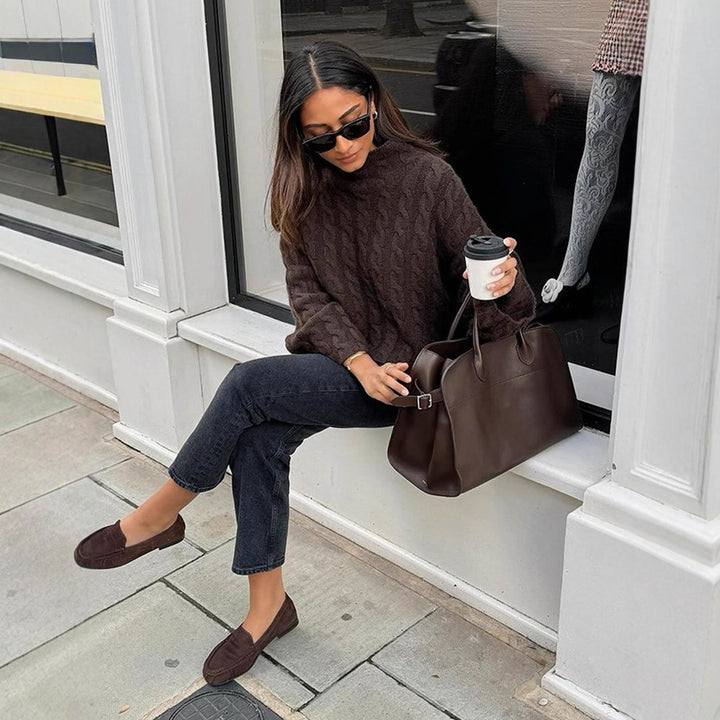 Women's Short-Cut Cable Knit Sweater with Turtleneck & Balloon Sleeves Amarae