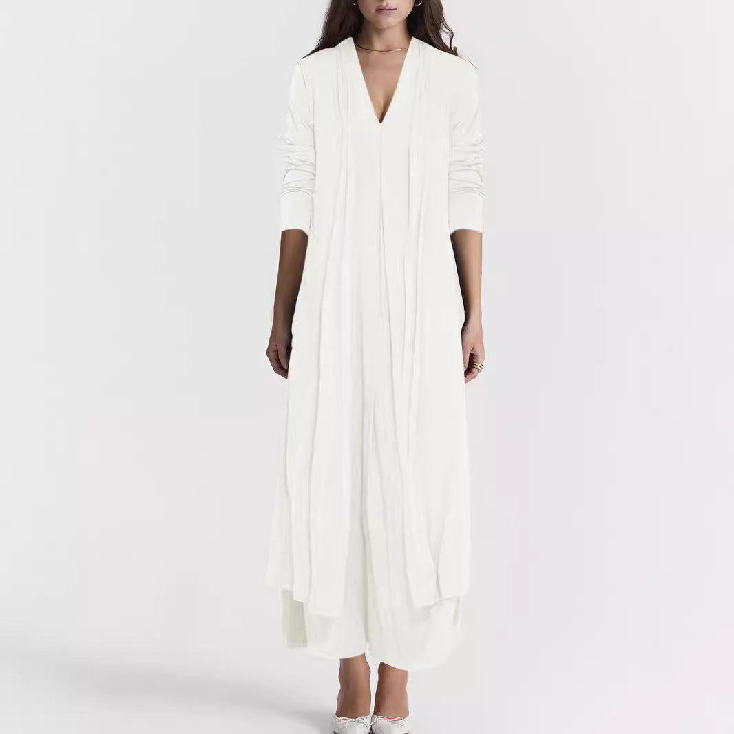 Women Elegant Long Coat with Deep V-Neck and Fluid Cut Lune London