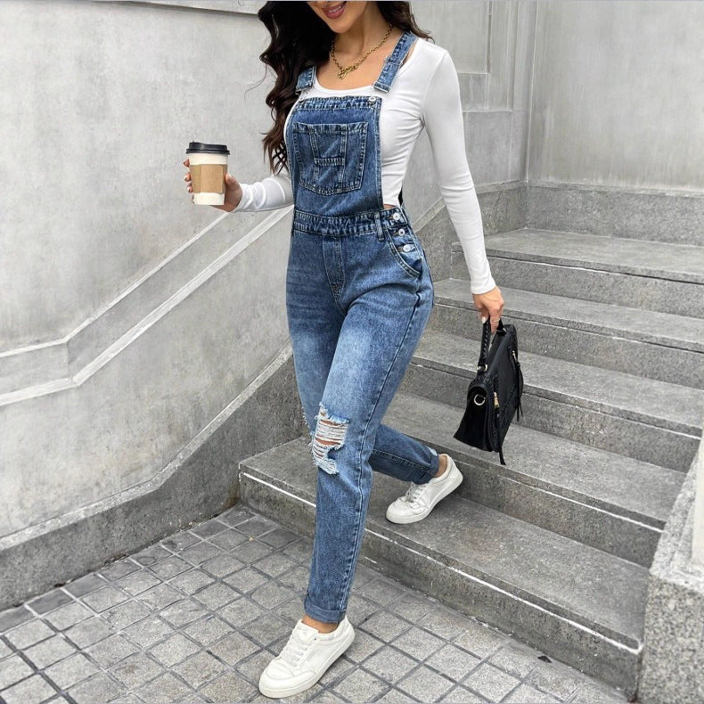Women's denim dungarees with sculpting high waist, side decorative button plackets and ripped knee section Amarae