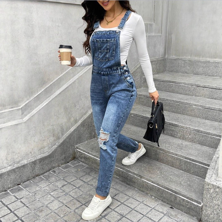 Women's denim dungarees with sculpting high waist, side decorative button plackets and ripped knee section Amarae