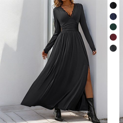 Elegant maxi dress for women with deep V-neck and decorative ruffle design Amarae