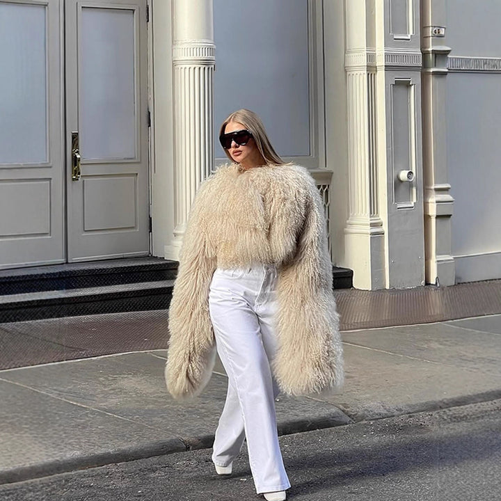 Women Extravagant Oversize Faux Fur Coat with Long Pile Curl Structure Amarae