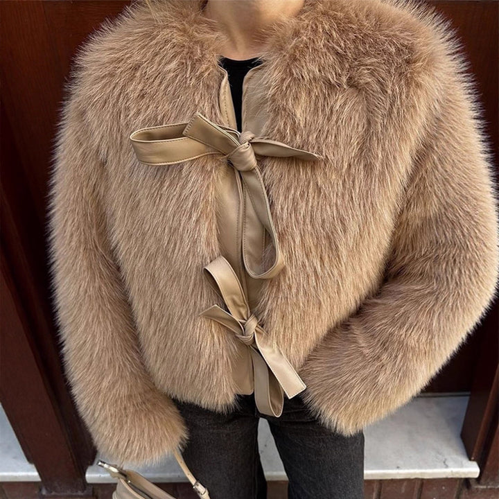 Women's Short Cut Faux Fur Coat with Decorative Ribbons and Boxy Silhouette Amarae