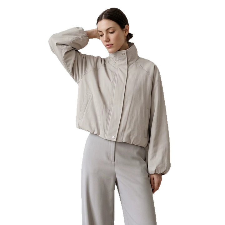Women's Short Cut Stand Collar Bomber Jacket with Elastic Hem and Raglan Sleeves Amarae