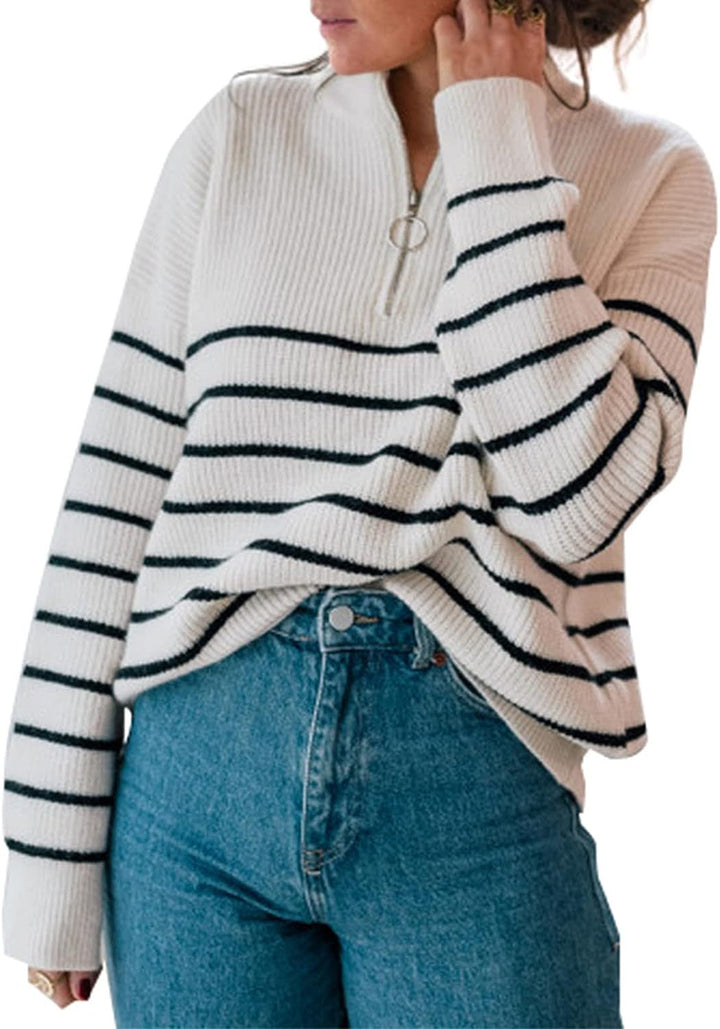 Striped women's sweater with half-zipper Lune London