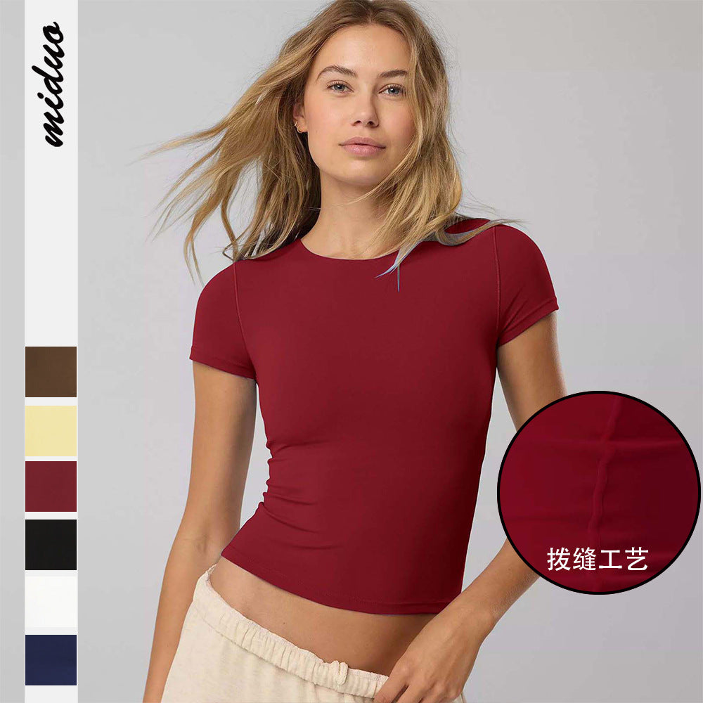 Women's Fitted Short Sleeve Shirt Made of Elastic Cotton Blend with Round Neckline and Seamless Design Lune London