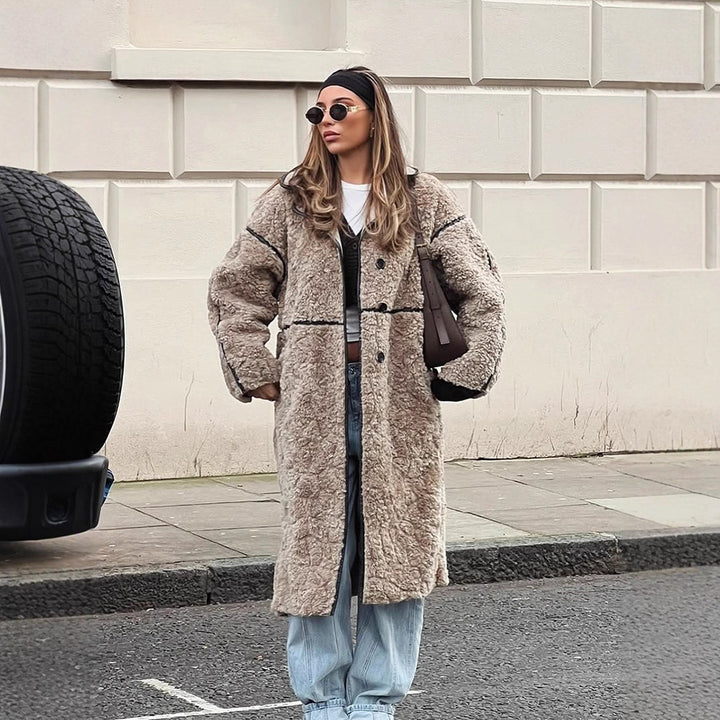 Women's Long Teddy Coat with Contrast Seams, Stand Collar and Button Placket Amarae