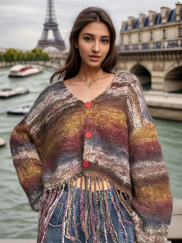 Short knitted jacket for women with striking fringed design Amarae