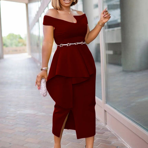 Sheath dress for women with asymmetrical pleats and elegant slit Amarae