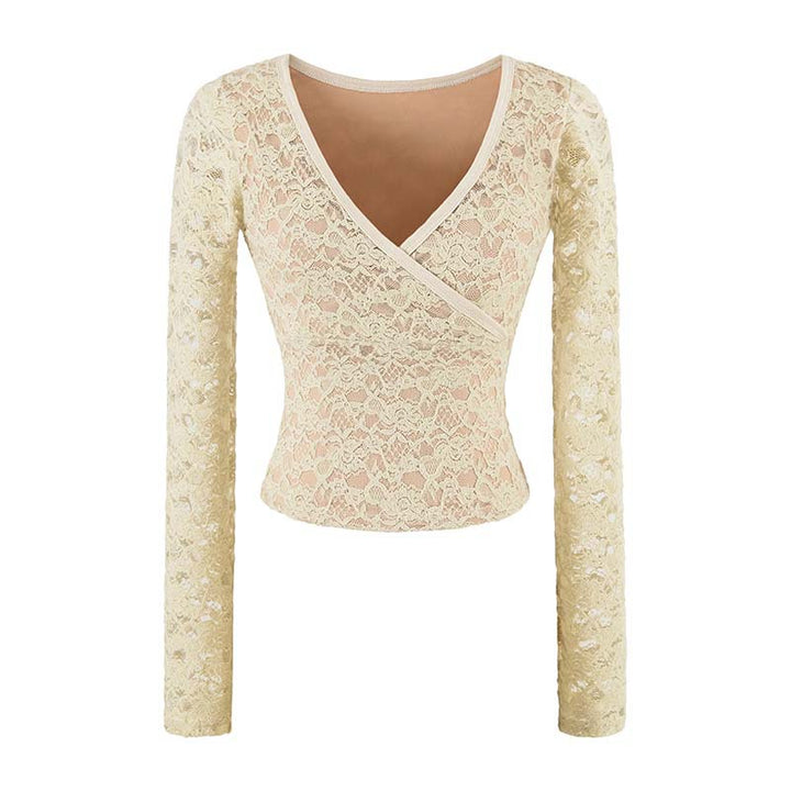 Women's Figure-hugging Lace Top with Wrap V-neck and Long Sleeves Amarae