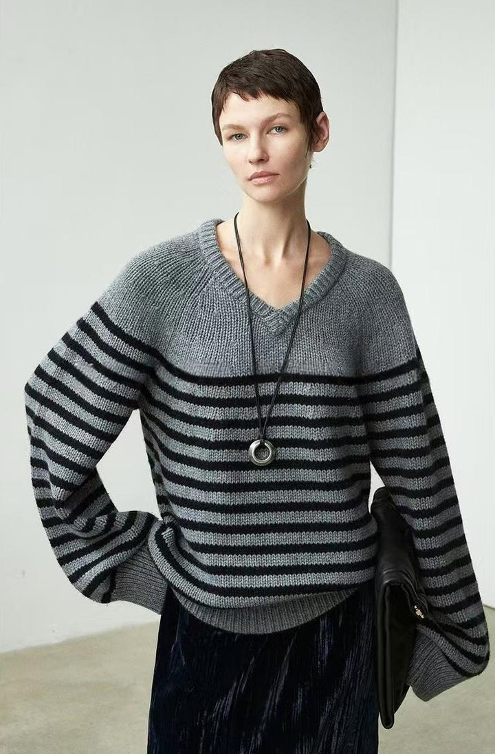 Pull décontracté à col en V pour femme avec rayures