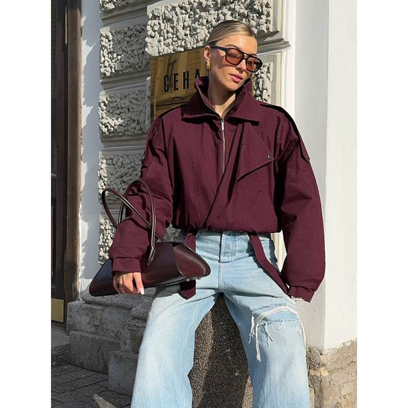 Women's short oversized bomber jacket with high stand-up collar, drawstring and shoulder flaps Amarae