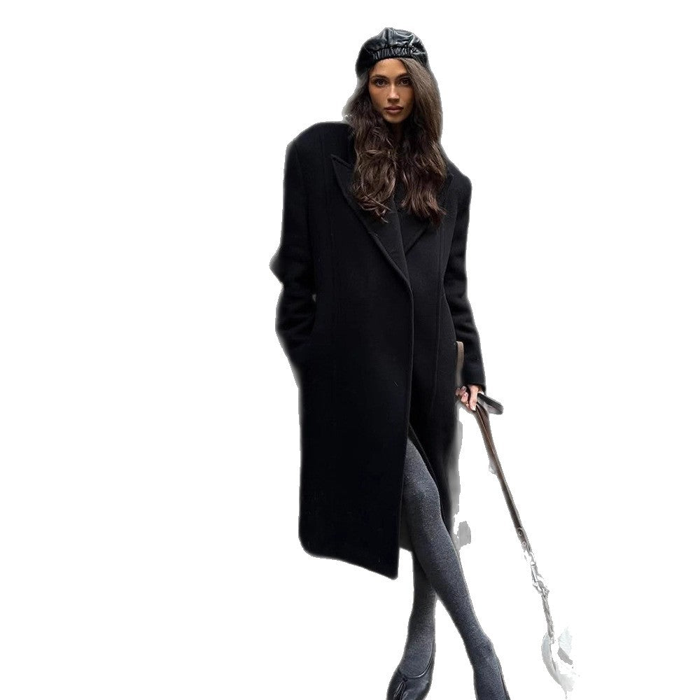 Women's Maxi Length Wool Blend Coat in Oversized Cocoon Cut with Distinctive Shoulder Line Amarae