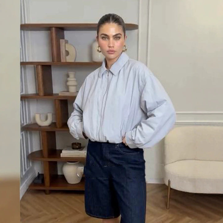 Women's Short Boxy Shirt Jacket with Zipper and Elastic Hem Amarae