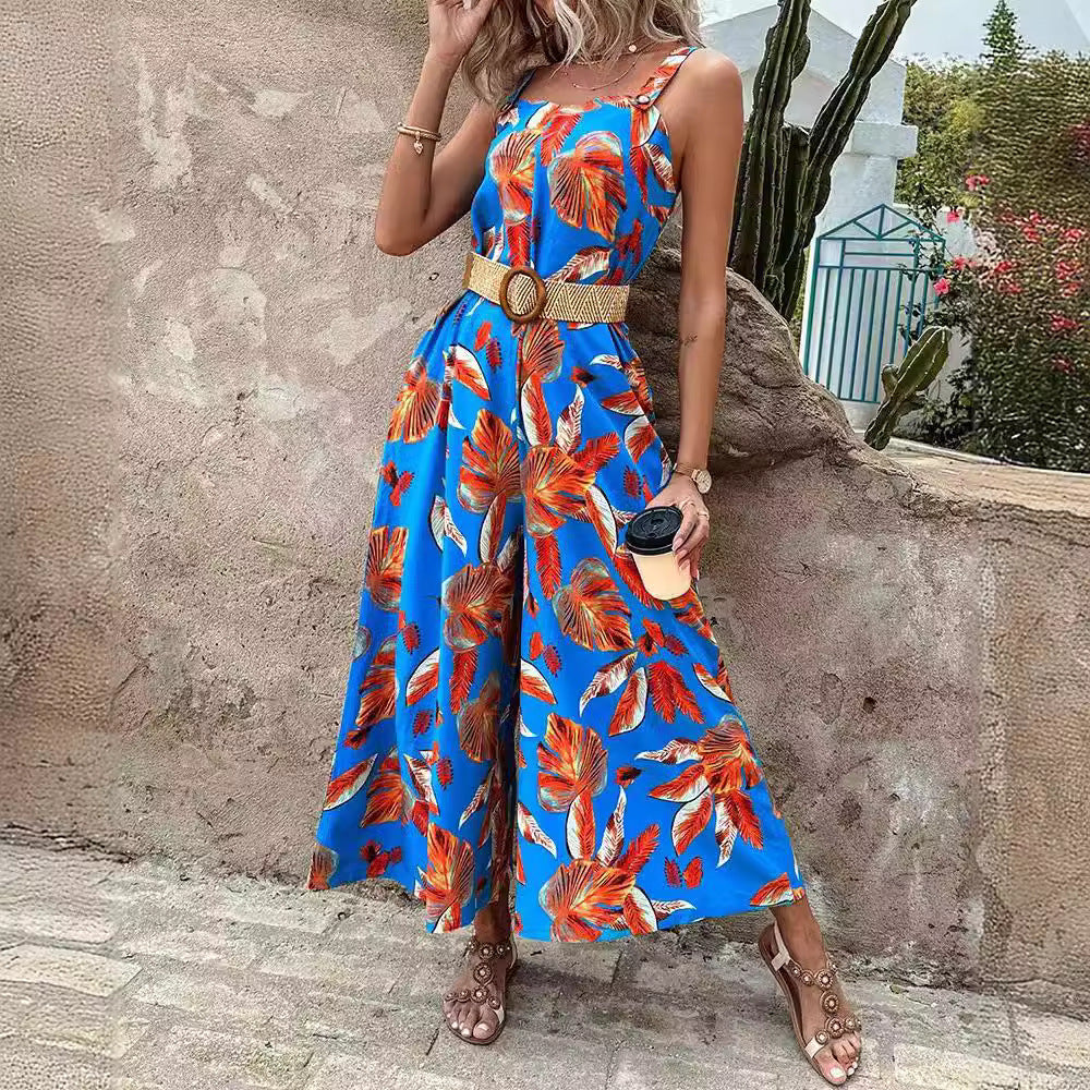 Ladies Tropical Print Wide Leg Jumpsuit Lune London