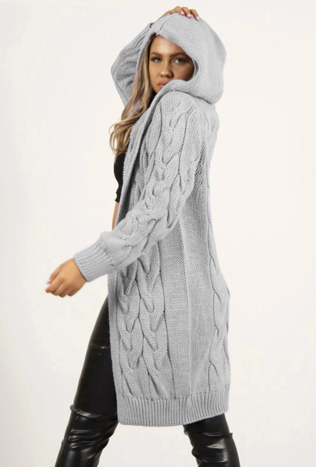 Ladies large knit wrap cardigan with hood and cable pattern Lune Londonl