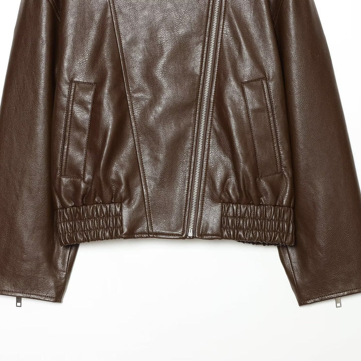 Women tailored leather-look biker jacket with high funnel collar Amarae