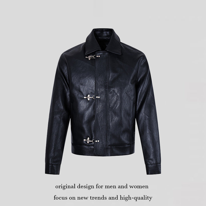 Men's leather jacket with toggle fasteners, short cut and shirt collar Amarae