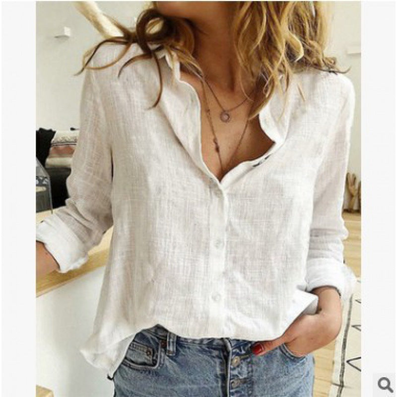 Women's lightweight linen blouse in a casual oversized cut with a step collar and continuous button placket Amarae