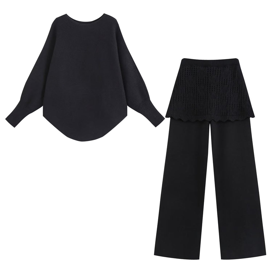 Ladies Two-Piece Knit Set with Oversized Sweater, Lace Pattern Mini Skirt and Wide Palazzo Pants Amarae