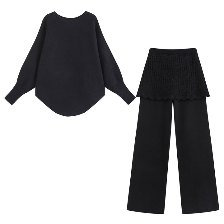 Ladies Two-Piece Knit Set with Oversized Sweater, Lace Pattern Mini Skirt and Wide Palazzo Pants Amarae