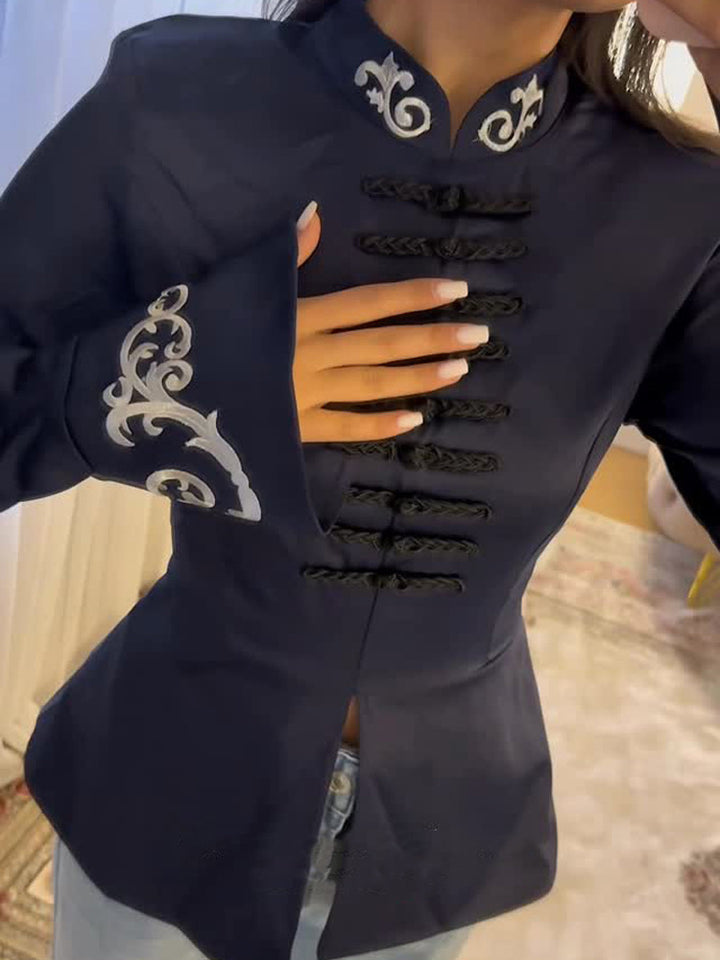 Women tailored satin jacket with mandarin collar, decorative cord closures and embroidered cuffs Amarae