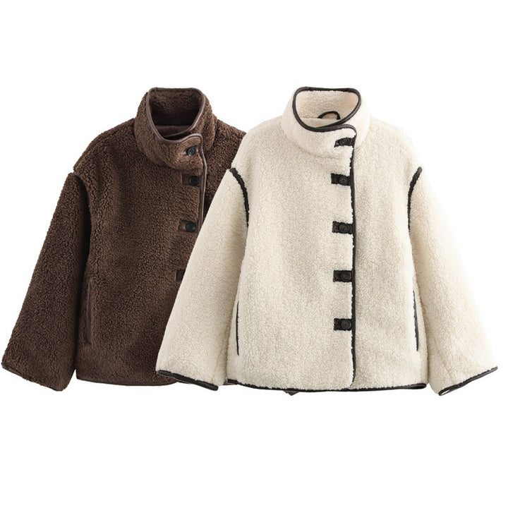 Ladies cozy fleece jacket with high collar and decorative button details Amarae