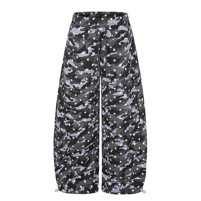 Women's casual palazzo pants in balloon cut with camouflage star print and adjustable hem drape