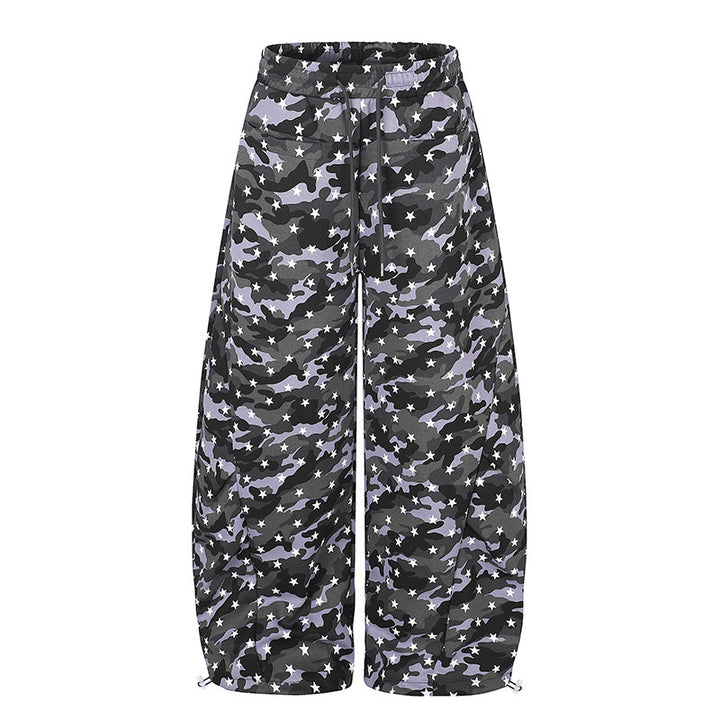 Women's casual palazzo pants in balloon cut with camouflage star print and adjustable hem drape