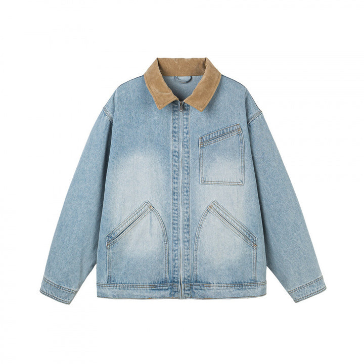 Men's Oversized Denim Jacket with Cord Collar and Diagonal Chest Pocket Detail Amarae