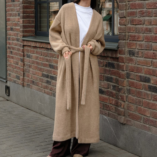 Soft knit coat for women with a tie belt and wide sleeves Amarae