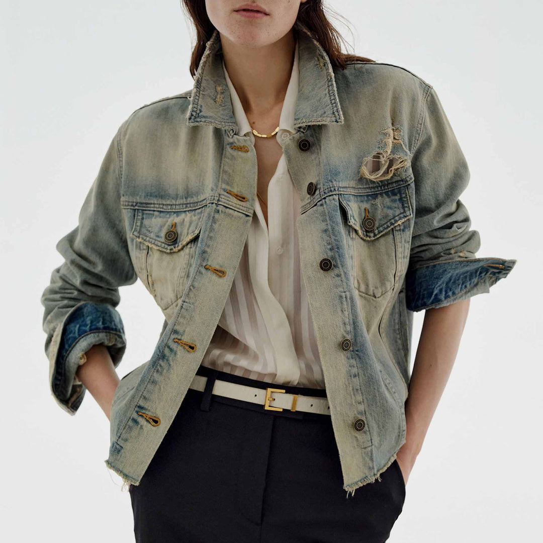 Women's fashionable denim jacket in vintage style with casual cut and frayed details Lune London