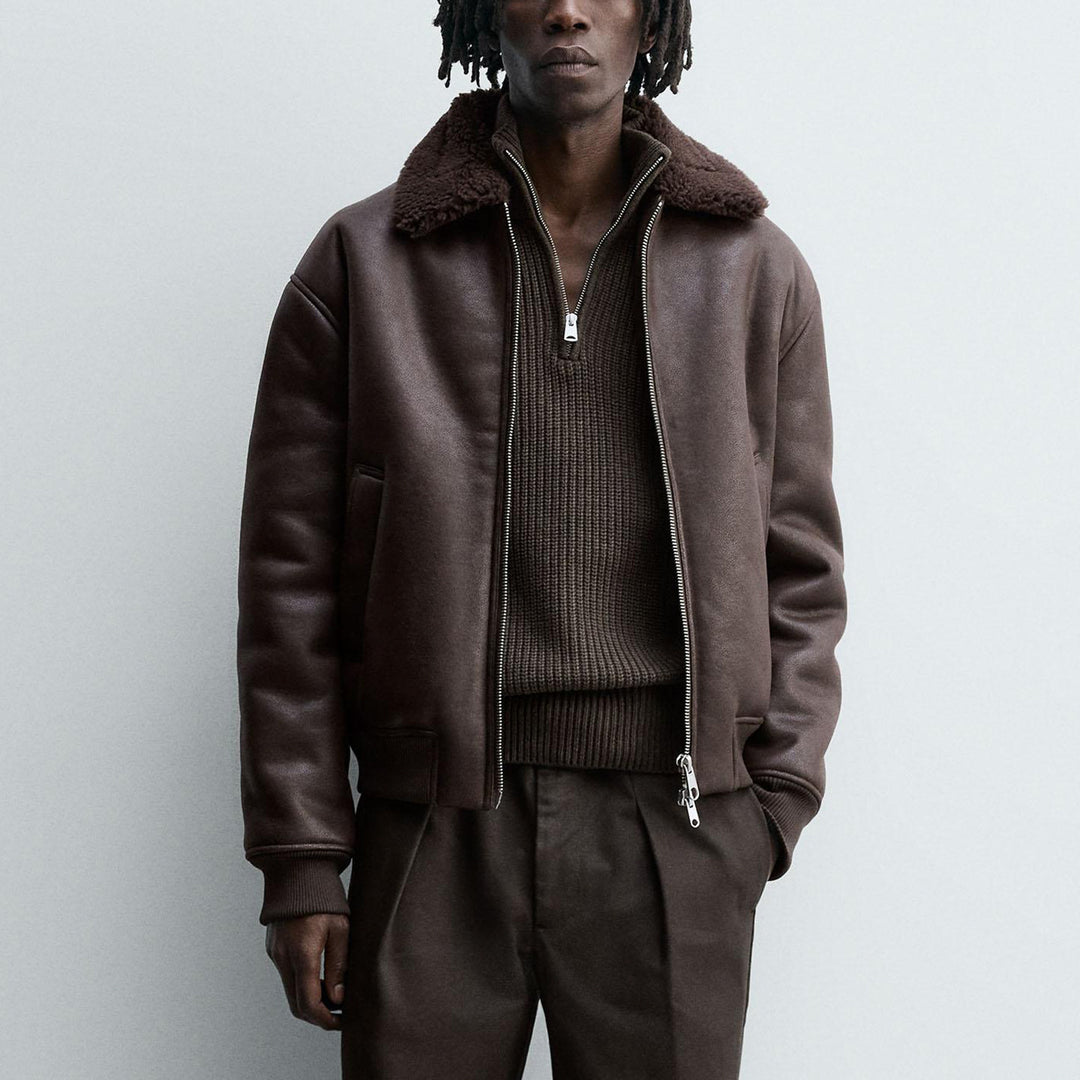 Men's Quilted Bomber Jacket with Teddy Collar and Ribbed Cuffs Amarae