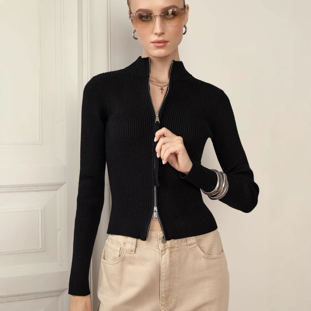 Women's Knit Sweater with High Collar and Zipper Lune London