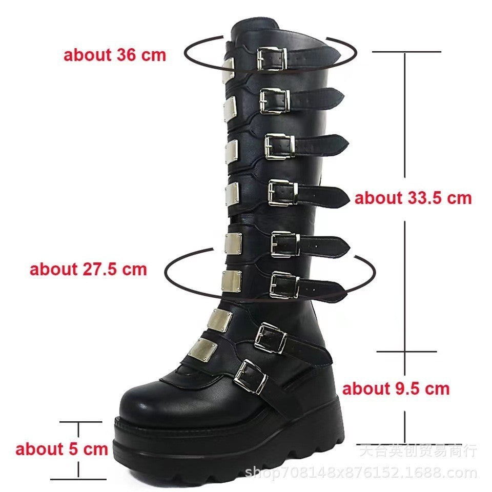 Women's platform knee-high gothic biker boots with multiple buckles and metal plates Amarae