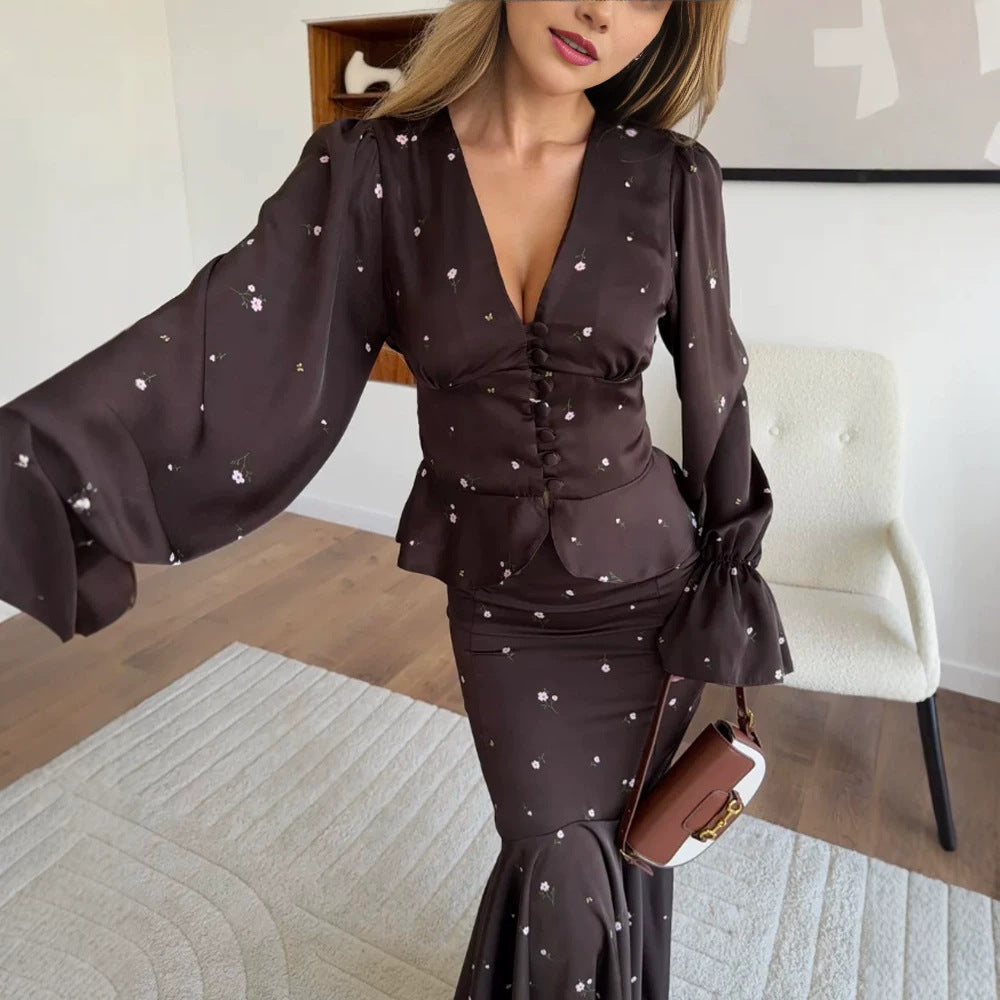 Women's Two-Piece Satin Set with Fitted Button Top and Mermaid Skirt Amarae