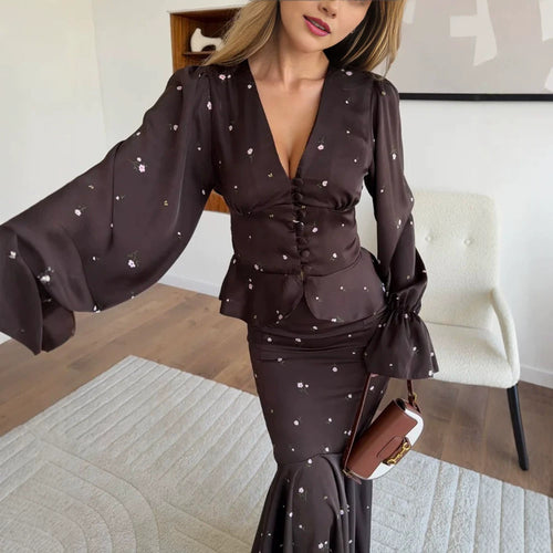 Women's Two-Piece Satin Set with Fitted Button Top and Mermaid Skirt Amarae