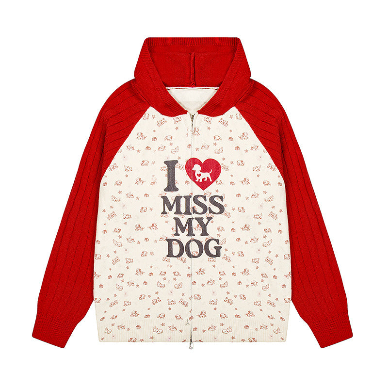 Women's hoodie cardigan with full zip, ribbed sleeves, and dog statement print Amarae