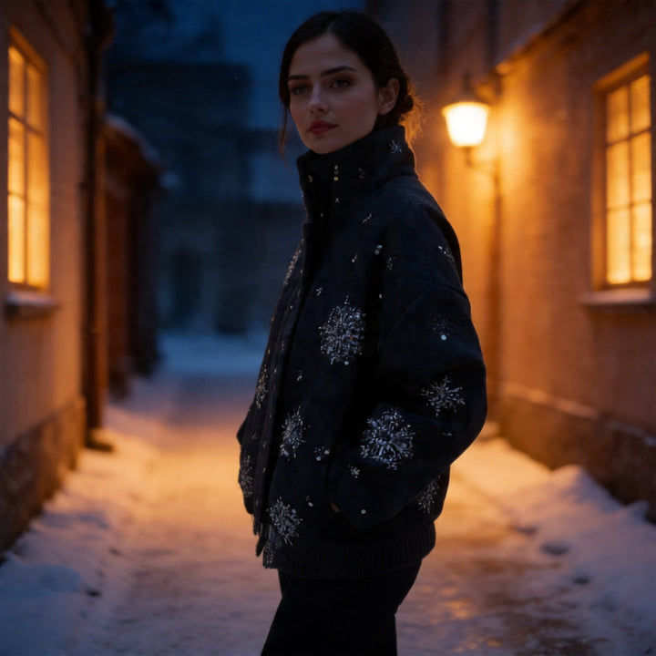 Women's Short Embroidered Wool Blend Boxy Coat with Stand Collar Amarae