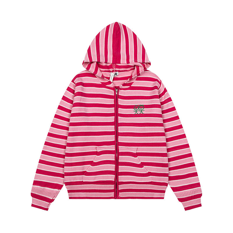 Women's Striped Hooded Cardigan with Full Zip and Pockets Amarae