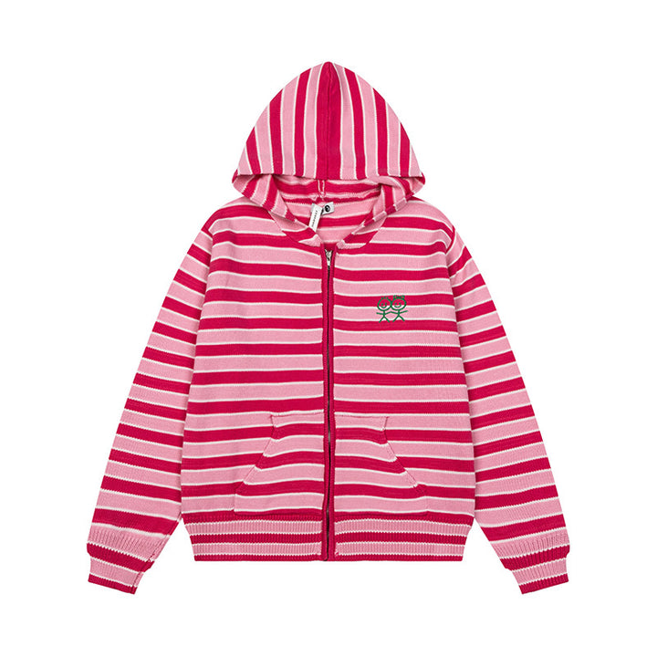 Women's Striped Hooded Cardigan with Full Zip and Pockets Amarae