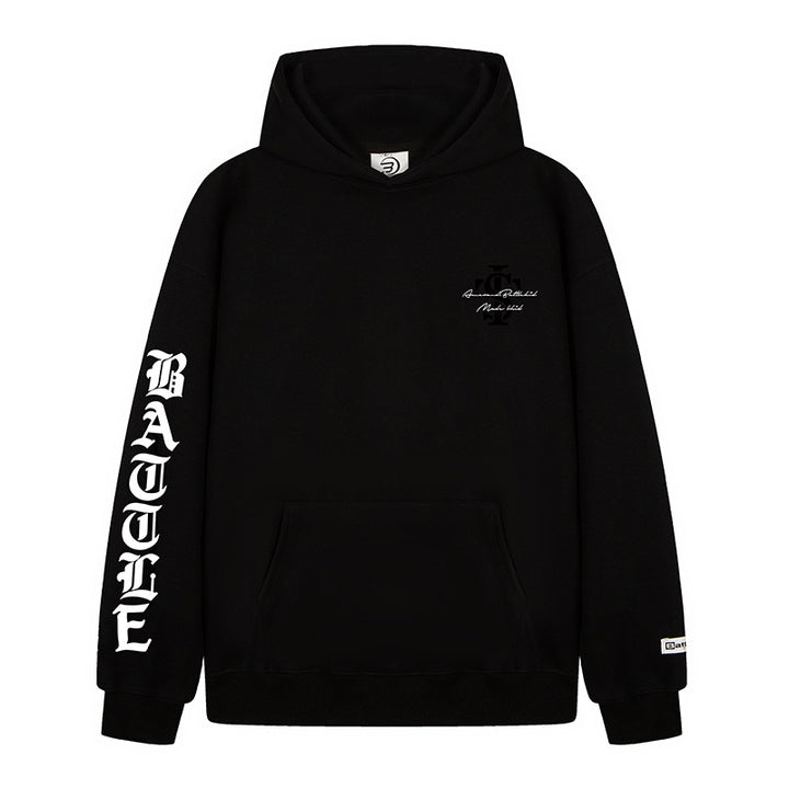 Unisex Oversize Hoodie with Gothic Sleeve Print and Kangaroo Pocket Amarae