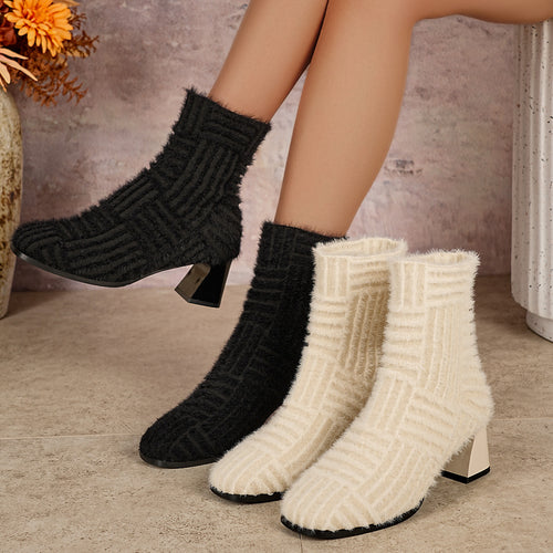 Elegant Ladies Mid-Chunky Ankle Boots with Chic Textured Fabric and Style