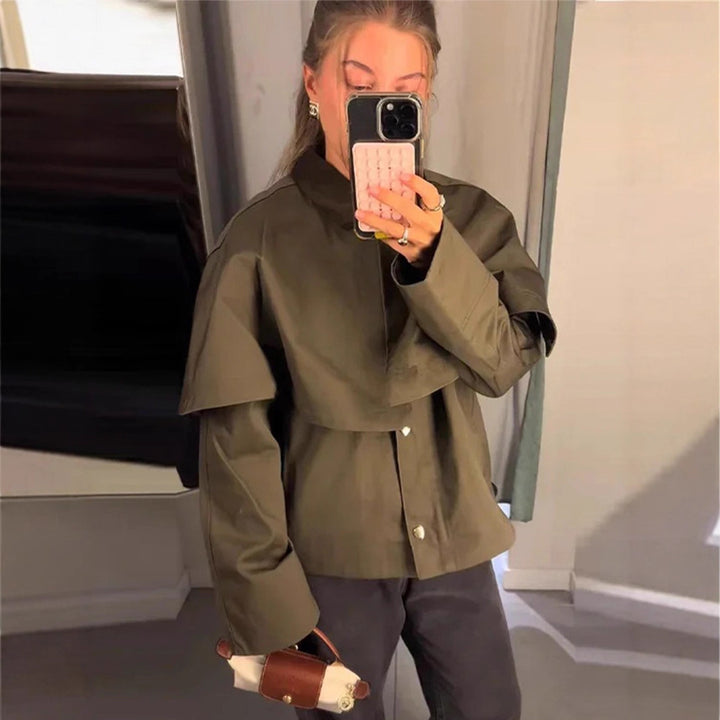 Women's Short Trench Coat with Cape Overlay and Oversized Sleeves Amarae