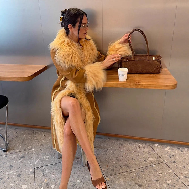 Women Long Shearling Imitation Coat with Voluminous Shawl Collar and Plush Cuffs Amarae