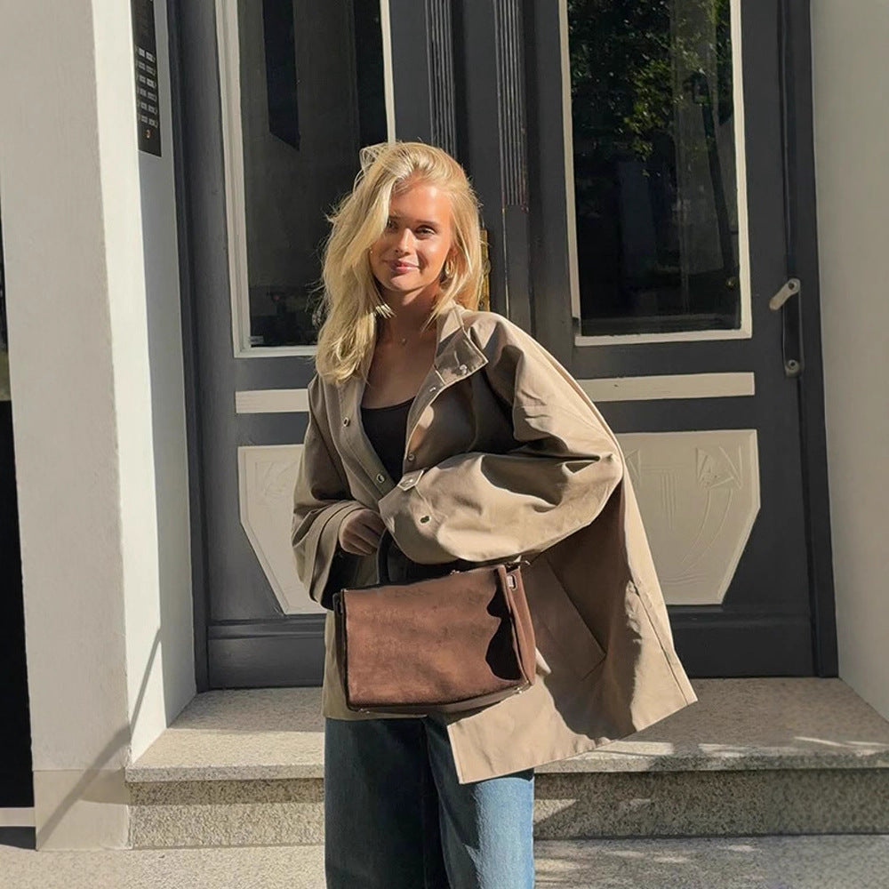 Women's oversized short coat in trench look with boxy silhouette and concealed snap button placket Amarae